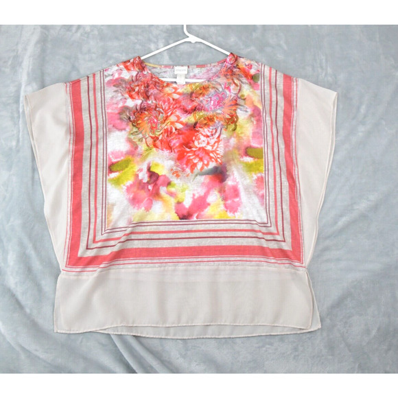 Chico's Tops - CHicos Blouse Womens 2 Large Red Pink Floral Kimono Sleeve Loose Fit
